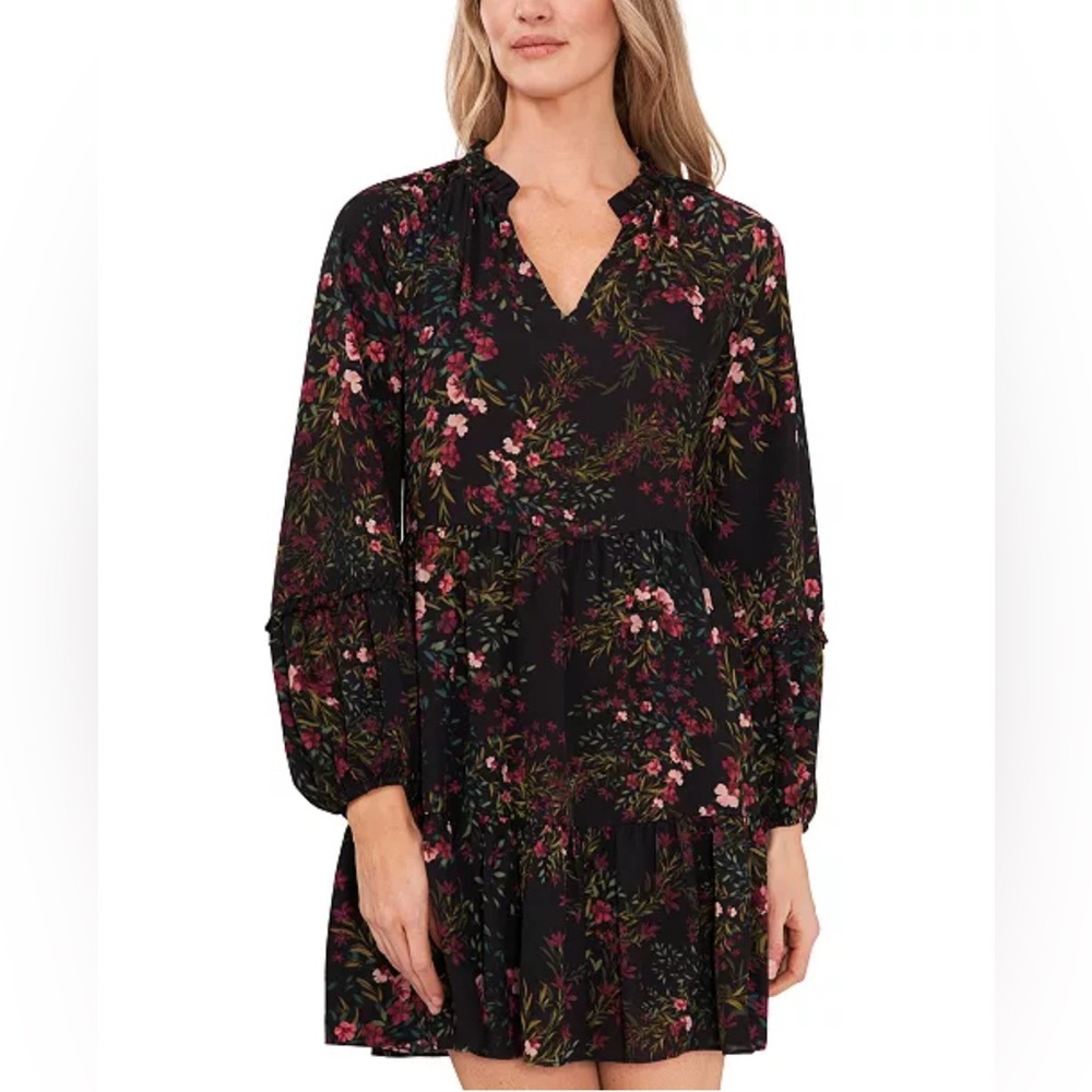 CeCe Black Floral Tiered Dress